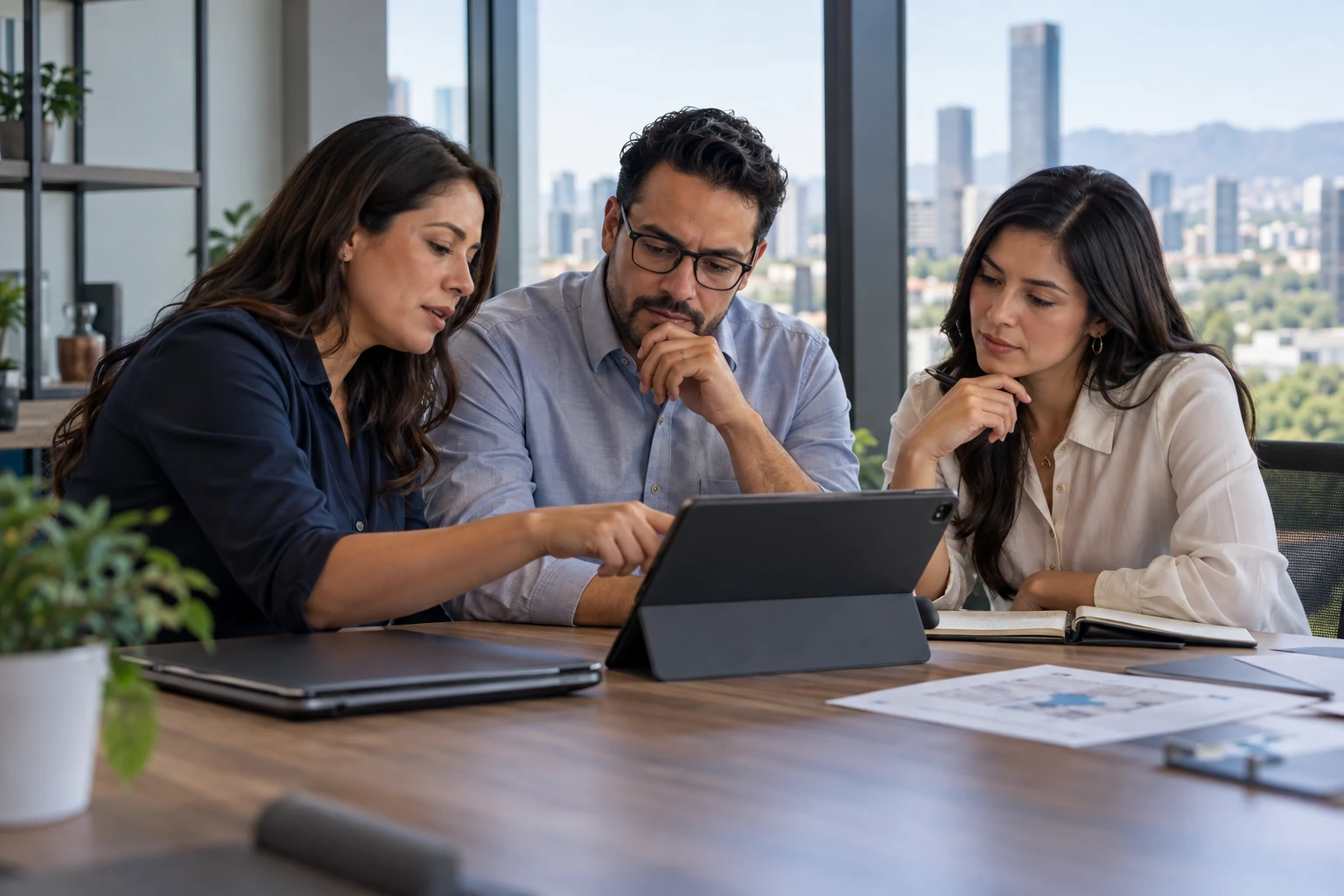 Escena conceptual de un equipo profesional mexicano revisando información en una tableta